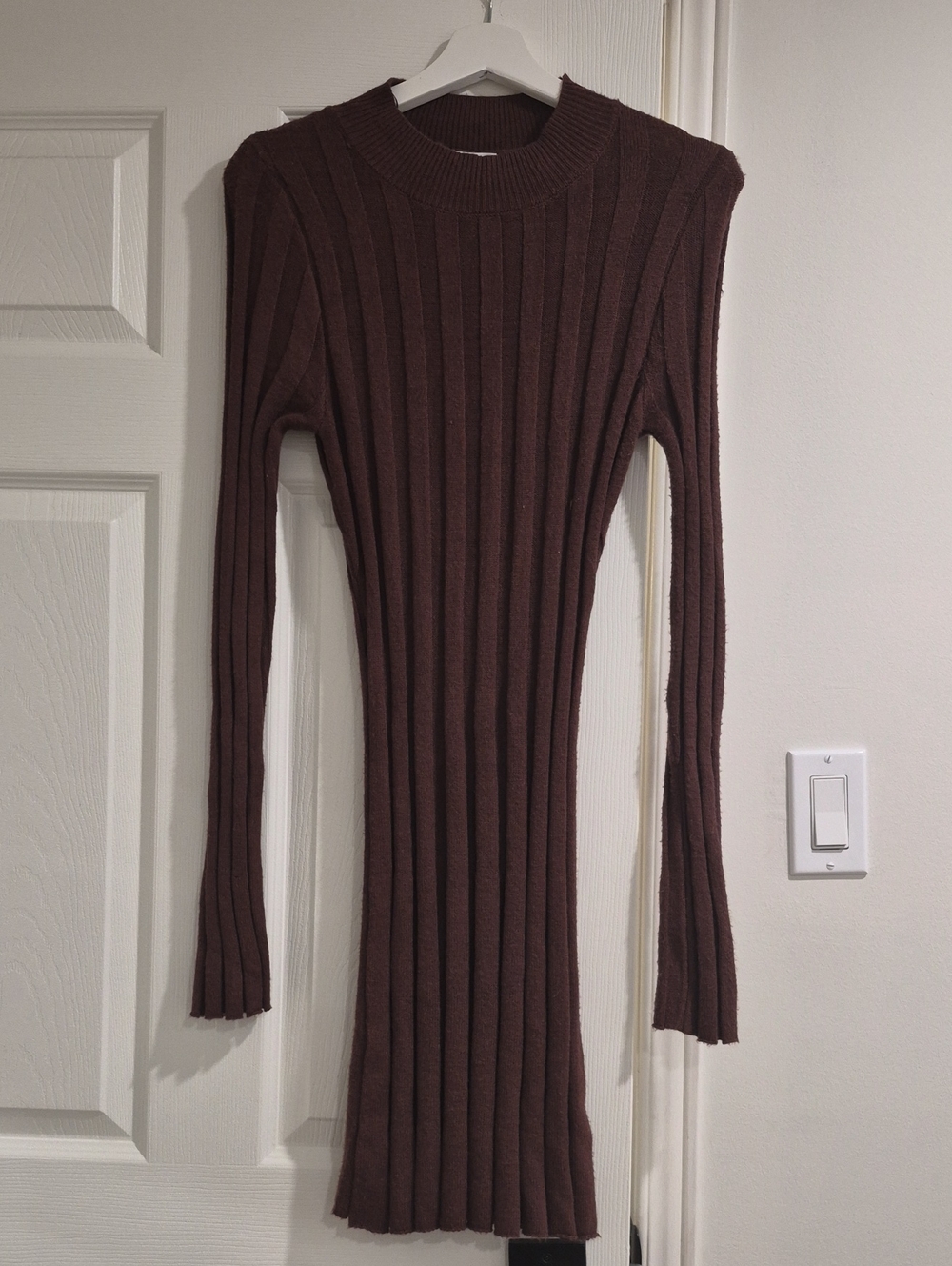 Ribbed Crewneck Sweater Dress in Dark Brown
